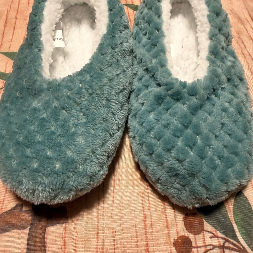 Women's Plush Slippers - Teal and White